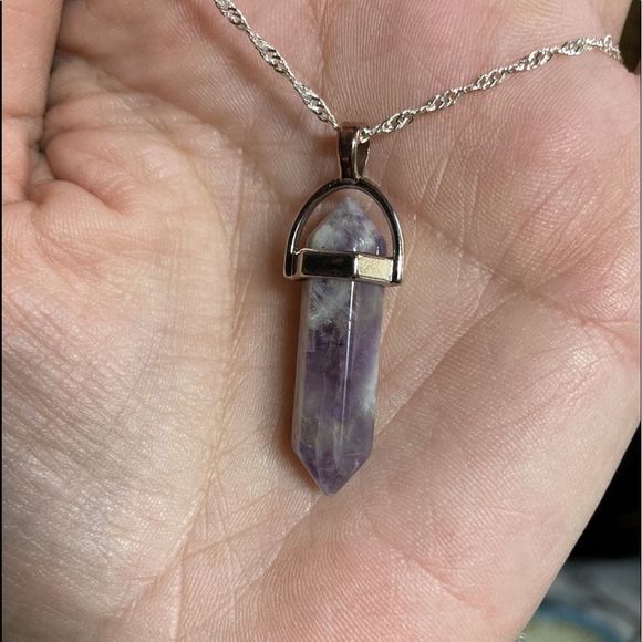 Jewelry - Natural Amethyst Stone Pendant Silver Necklace
